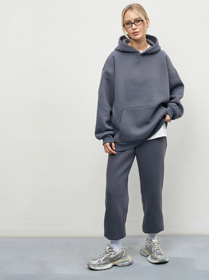 Damen Sweat-Set mit Kapuze Weites Cut Grau Eveloria