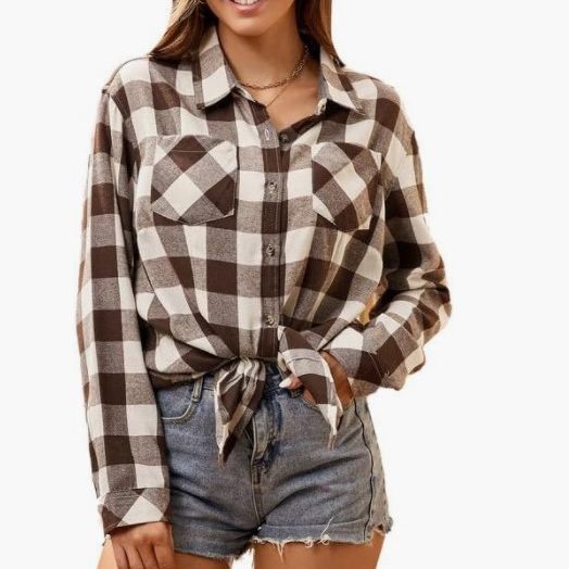 Damen Flanellbluse Kariert Mit Knotendetail