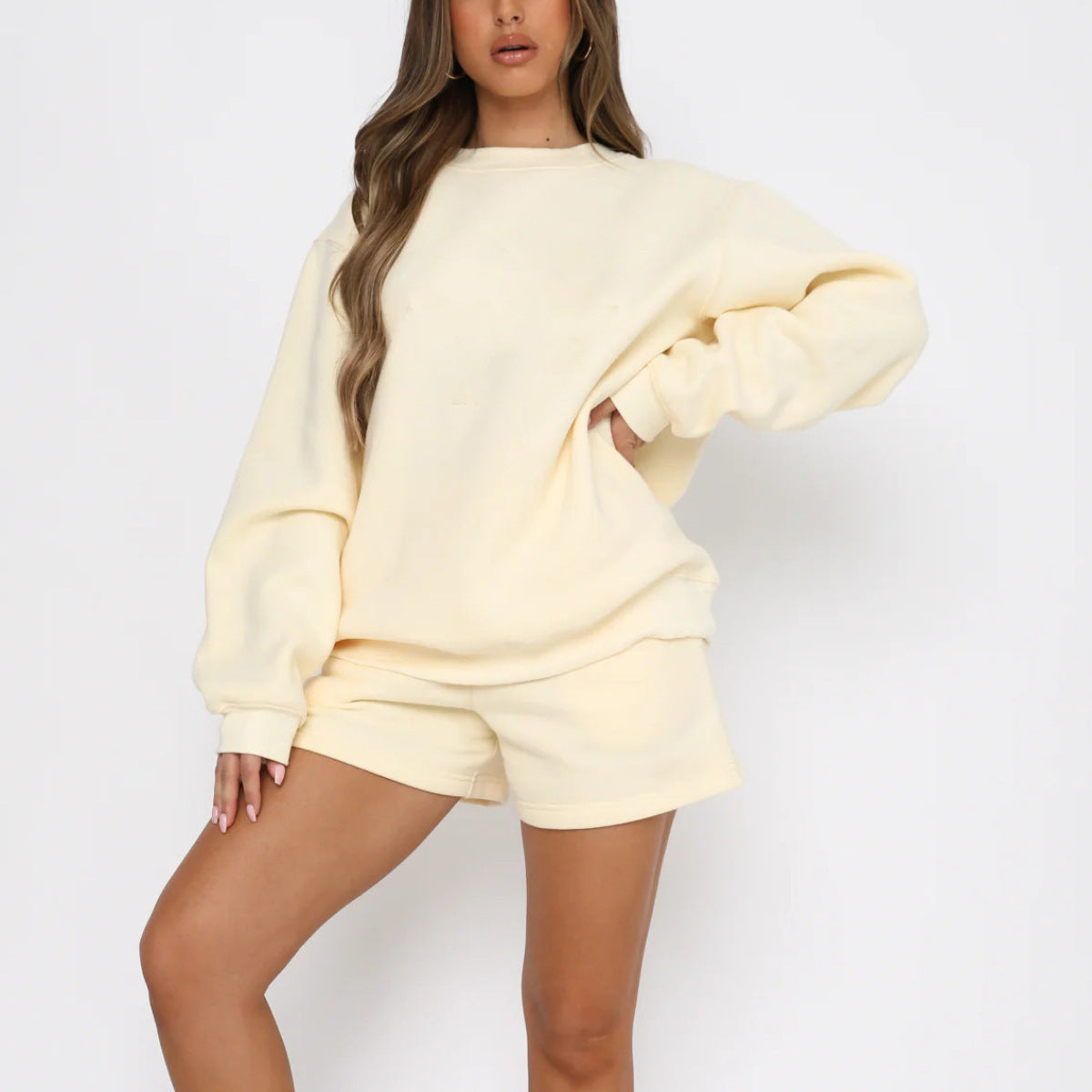 Damen Sweatset Kurzarmoberteil und Shorts aus Baumwolle Beige - Eveloria