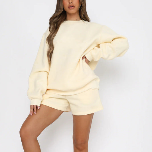 Damen Sweatset Kurzarmoberteil und Shorts aus Baumwolle Beige - Eveloria