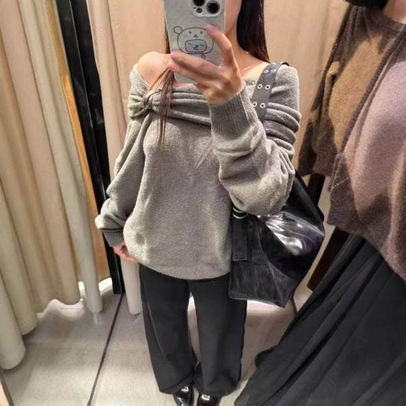 Damen Pullover Asymmetrischer Schalkragen Dekorativer Verschluss - Eveloria