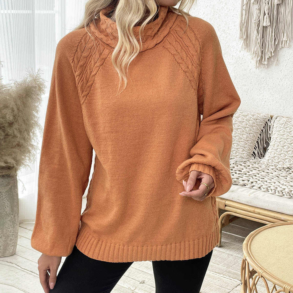 Damen Pullover Rollkragen Strukturiertes Zopfdesign Eveloria