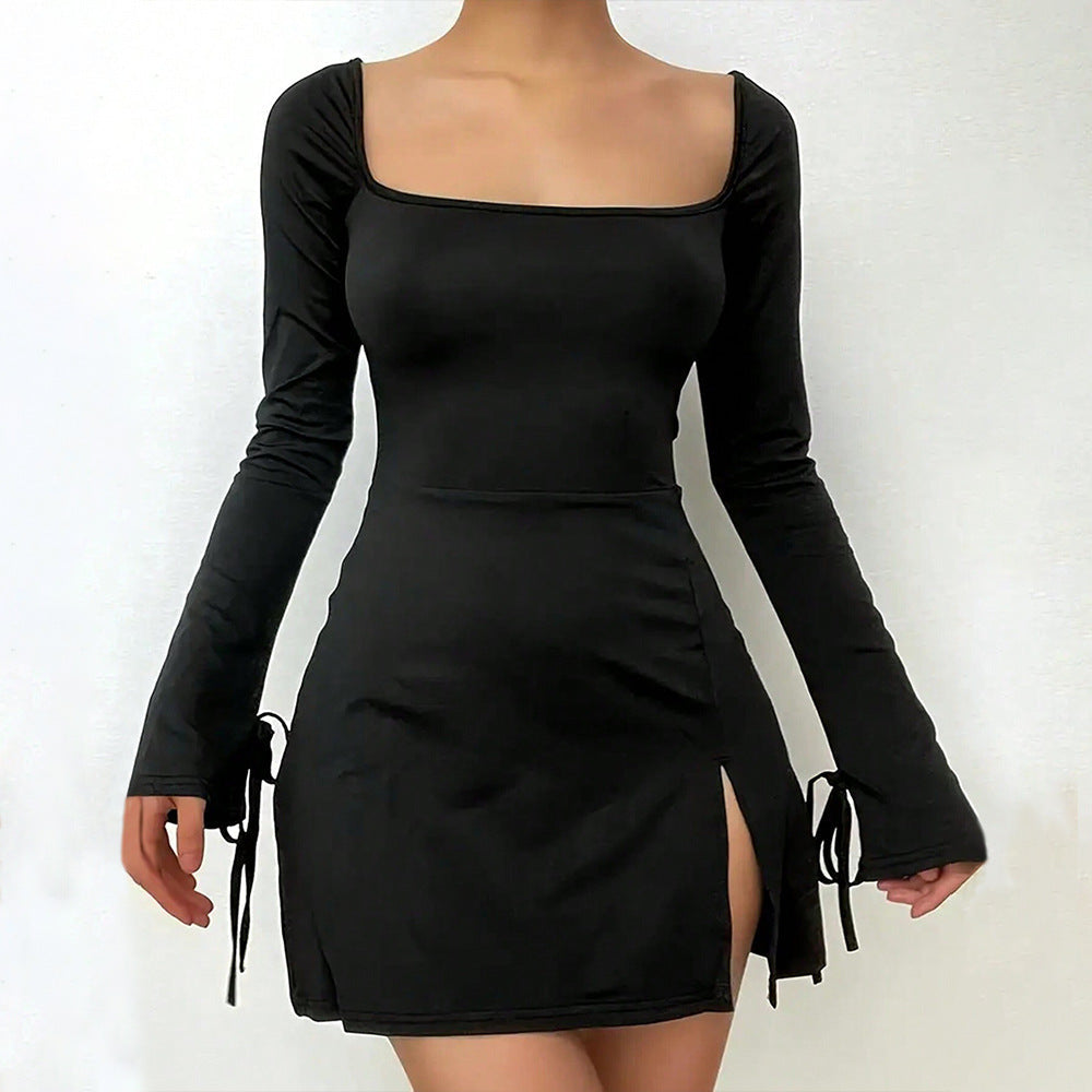 Damen Minikleid mit V-Ausschnitt und Schnürung Langarm