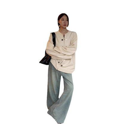 Damen Strickjacke Oversized mit Knöpfen Lässig Beige