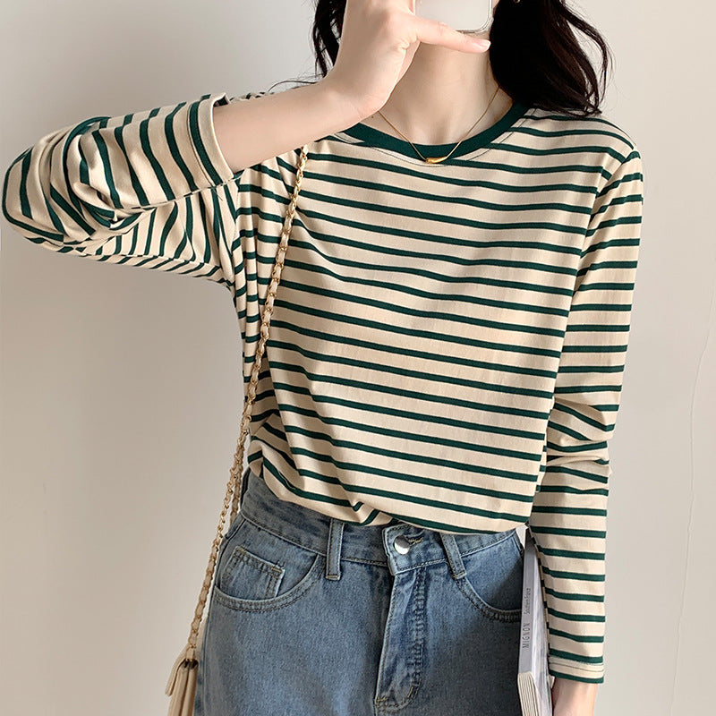 Damen Longsleeve-Shirt Maritimes Streifenmuster Lässig Weiß