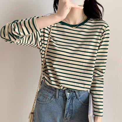 Damen Longsleeve-Shirt Maritimes Streifenmuster Lässig Weiß