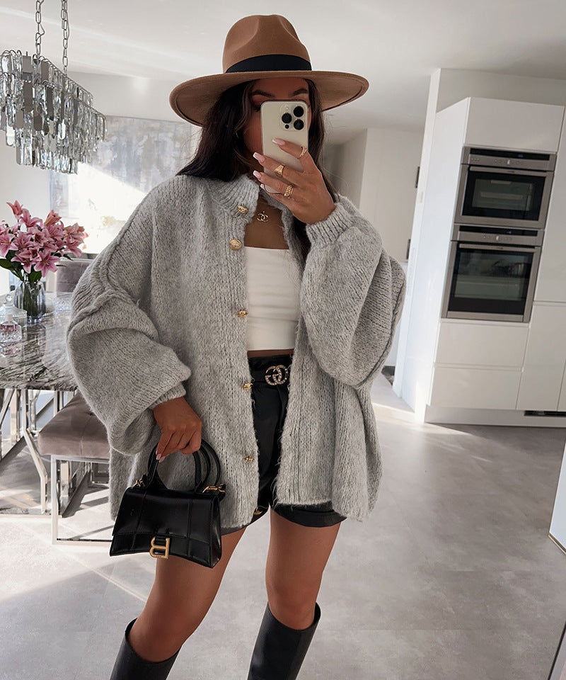 Damen Oversized Strickpullover Voluminöse Ärmel Beige Eveloria