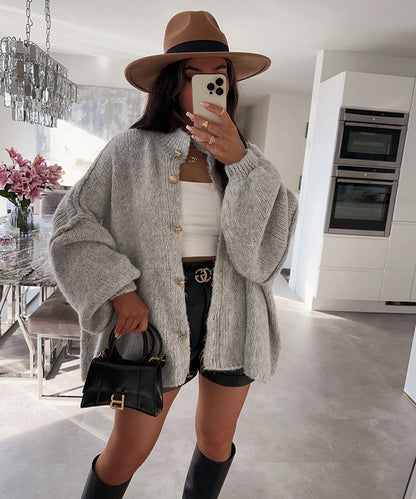 Damen Oversized Strickpullover Voluminöse Ärmel Beige Eveloria