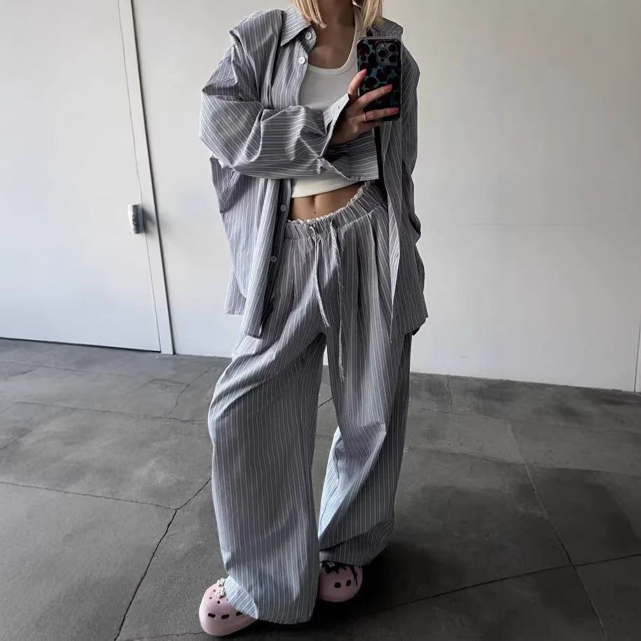 Damen Zweiteiler-Set Weite Hosen Streifenhemd - Eveloria