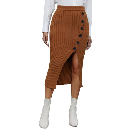 Damen Strickrock Mit Seitlichem Schlitz Dekorative Knöpfe Beige