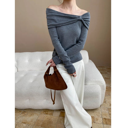 Damen Off-Shoulder Pullover Langärmlig Raffung Eveloria