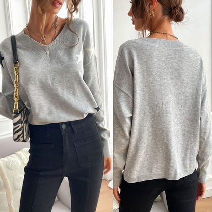 Damen Pullover V-Ausschnitt Sternenmuster Lässig Grau Eveloria