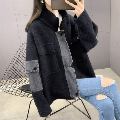 Damen Übergangsjacke Denim Detail Hochkragen Blau Eveloria