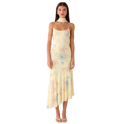 Damen Maxikleid Blumiges Chiffon Neckholder Elegant Blau