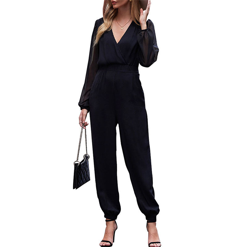 Damen Jumpsuit Transparente Ärmel Tailliert Eveloria