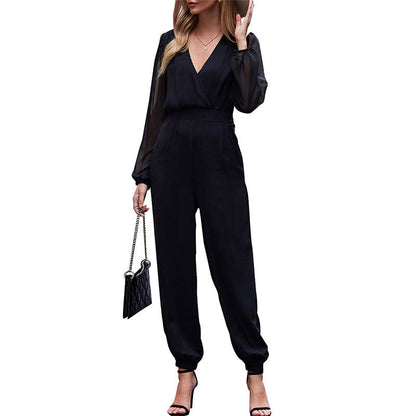 Damen Jumpsuit Transparente Ärmel Tailliert Eveloria