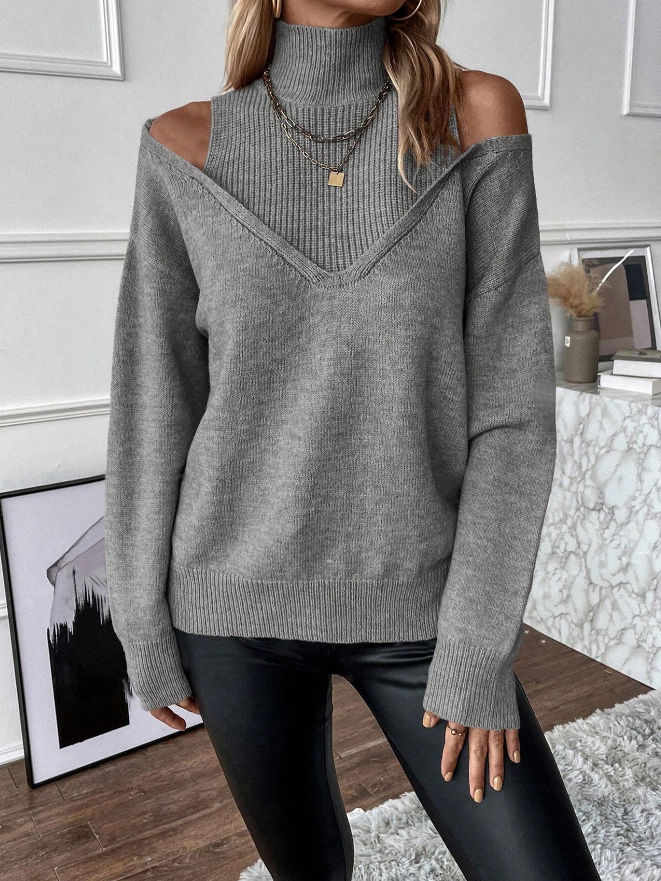 Damen Rollkragenpullover Off-Shoulder Strick