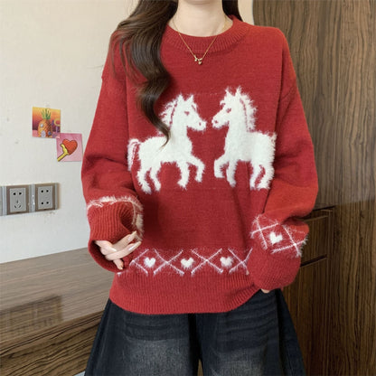 Damen Pullover Kuschelfleece Einhorn-Muster Grau