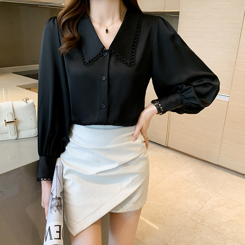 Damen Bluse Dekorativer Kragen Puffärmel Elegantes Design