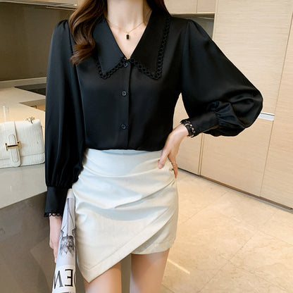 Damen Bluse Dekorativer Kragen Puffärmel Elegantes Design