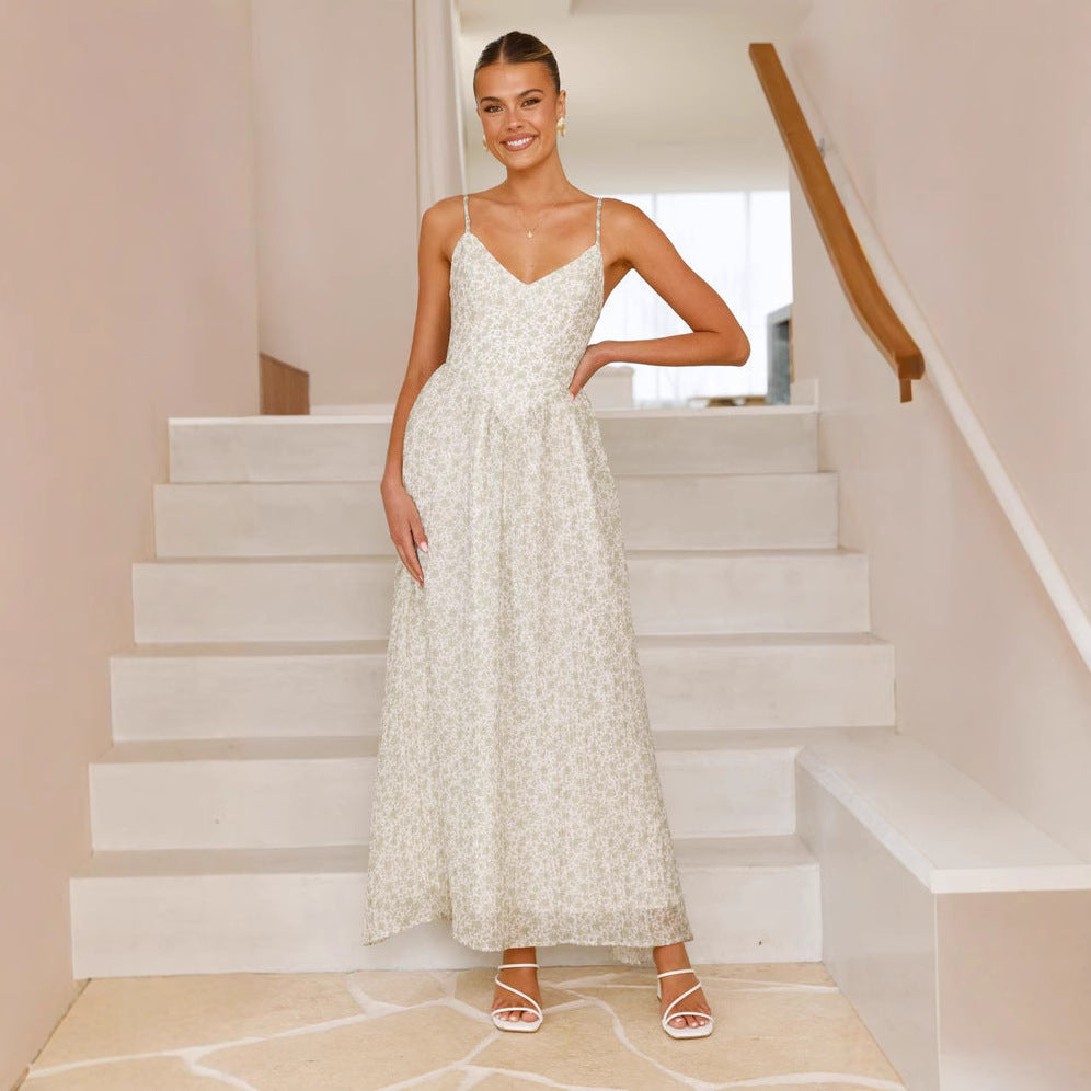Damen Maxikleid feines Floralmuster Spaghettiträger Eveloria