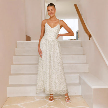 Damen Maxikleid feines Floralmuster Spaghettiträger Eveloria