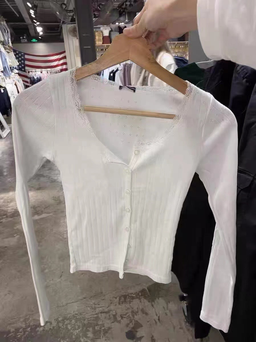 Damen Langarmshirt feine Spitze Weiß
