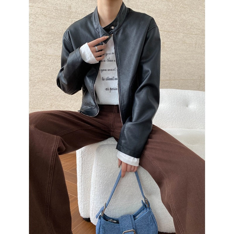 Damen Kunstlederjacke Stehkragen Taschen Eveloria