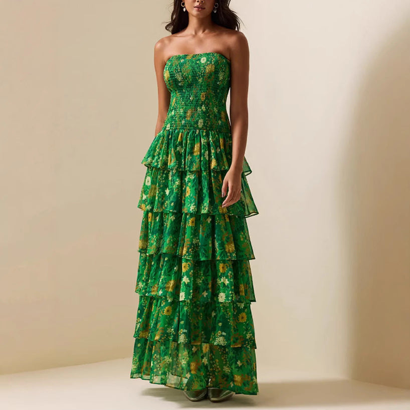 Damen Maxikleid Langärmlig Voluminöse Rüschen Florales Design - Eveloria