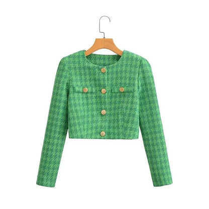 Damen Bouclé-Jacke Kurz Karomuster Elegant