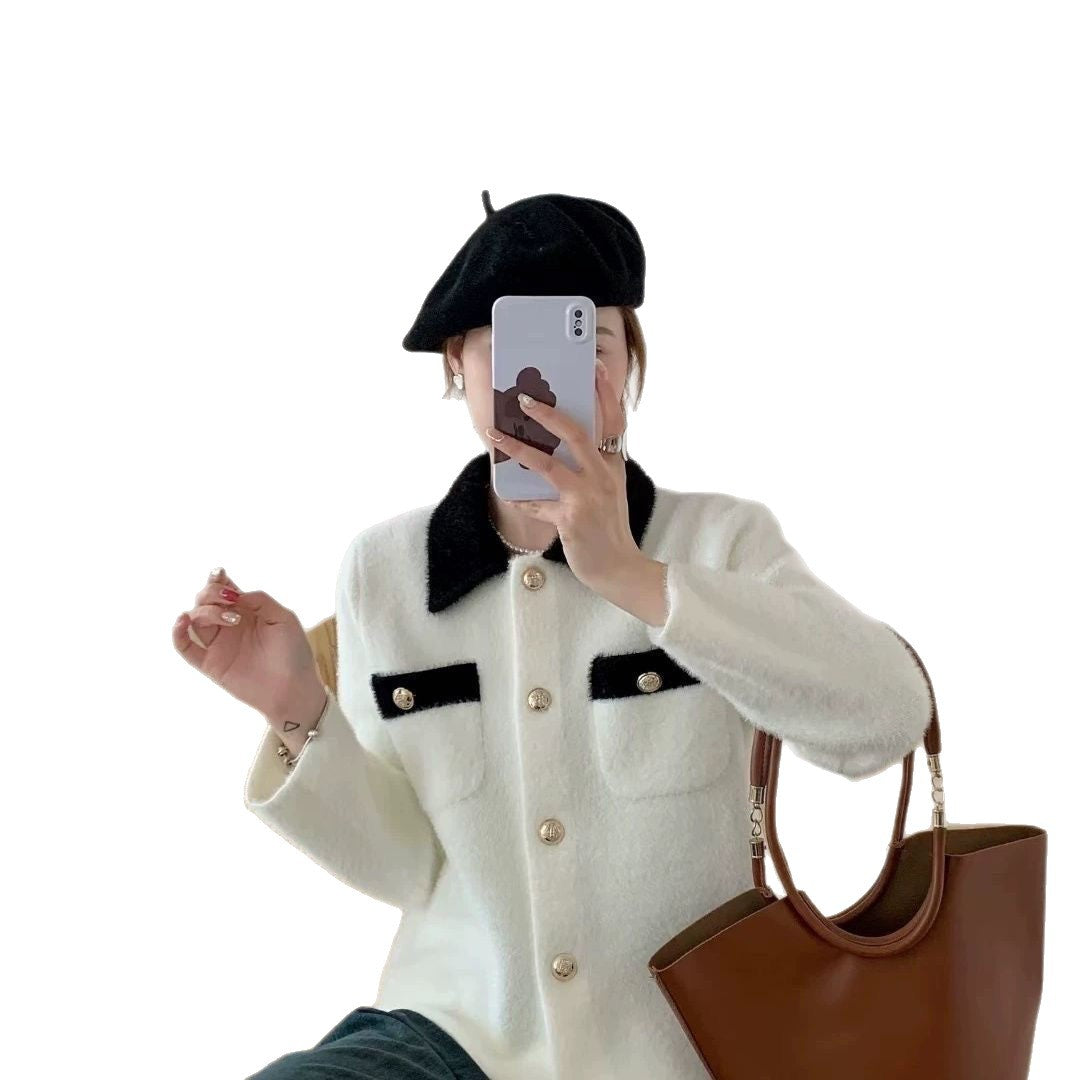 Damen Fluffy Jacke Besonderes Knopfdesign Eveloria