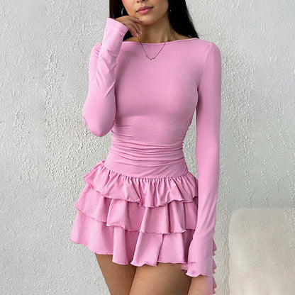 Damen Mini-Kleid Voluminöser Rüschensaum Langarm Eveloria