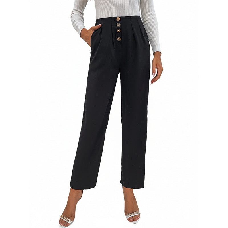 Damen Hochtaillierte Bundfaltenhose mit Knöpfen Eveloria