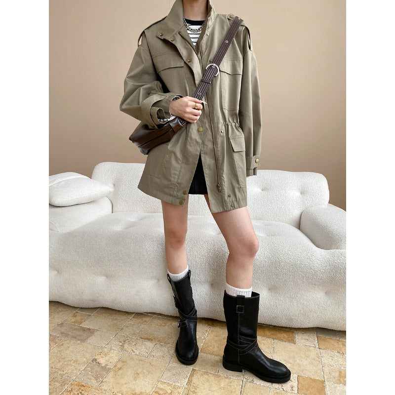 Damen Übergangsjacke Lässig mit Taschen und Verstellbarem Hüftzug