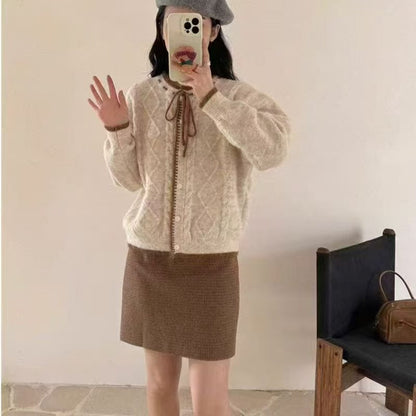 Damen Strickjacke Kuschelig Zopfstrick Kordelzug Beige