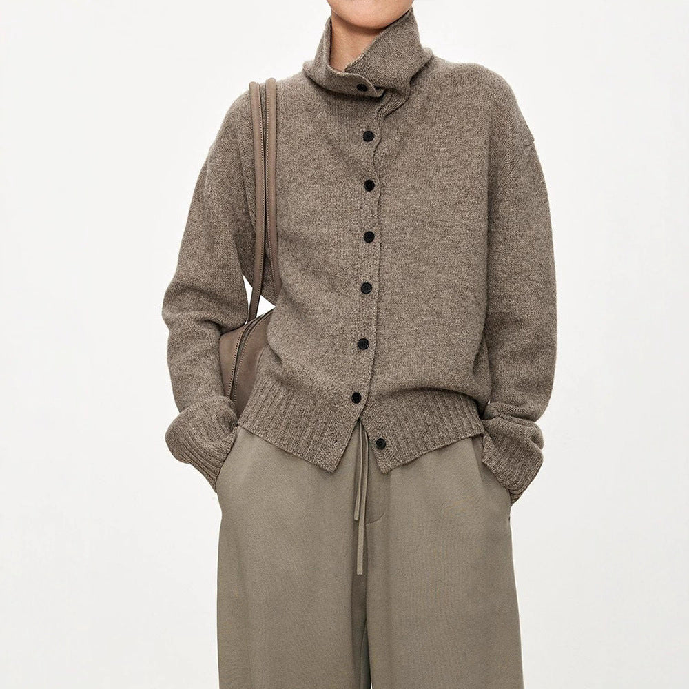 Damen Strickcardigan Hochkragen Knopfleiste Grau Eveloria