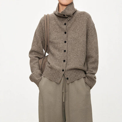 Damen Strickcardigan Hochkragen Knopfleiste Grau Eveloria