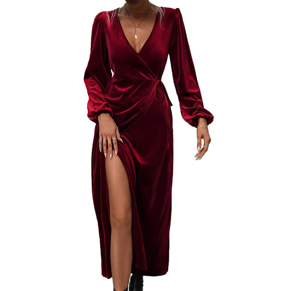 Damen Wickelkleid Samt V-Ausschnitt Eveloria