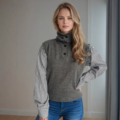 Damen Strickpullover Puffärmel Stehkragen Elegant