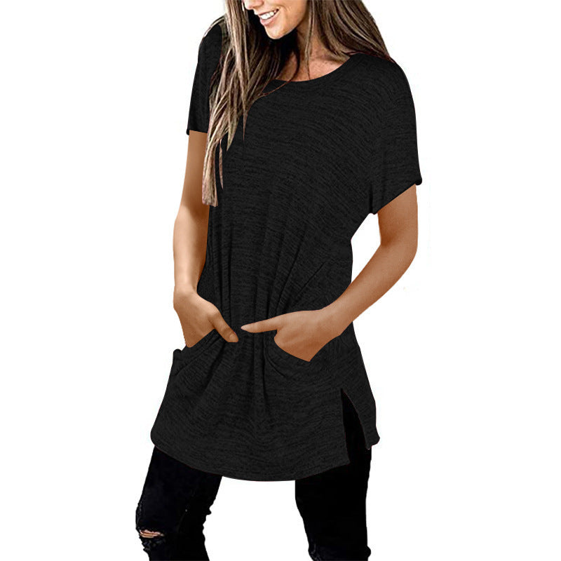 Damen Langarm-Tunika mit Seitentaschen Asymmetrischer Saum