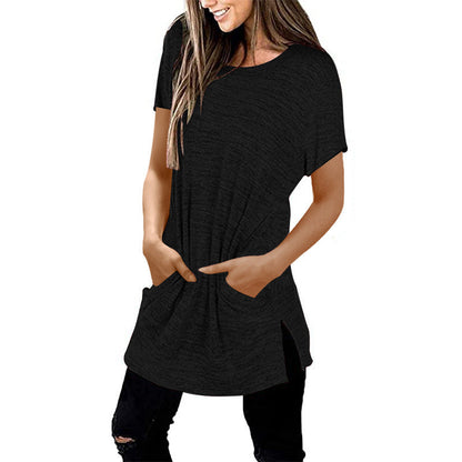 Damen Langarm-Tunika mit Seitentaschen Asymmetrischer Saum