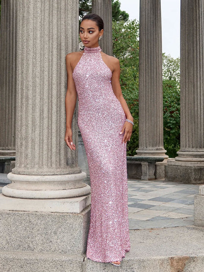 Damen Abendkleid Glitzernd Hochkragen Figurbetont Eveloria