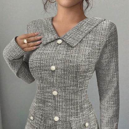 Damen Tweed-Kleid Elegantes Design Mit Taschen