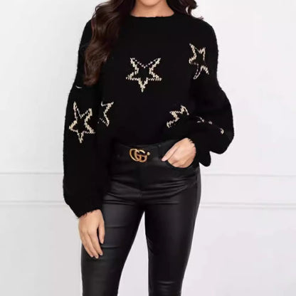 Damen Strickpullover Sternenmotiv Kuschelig Grau Eveloria