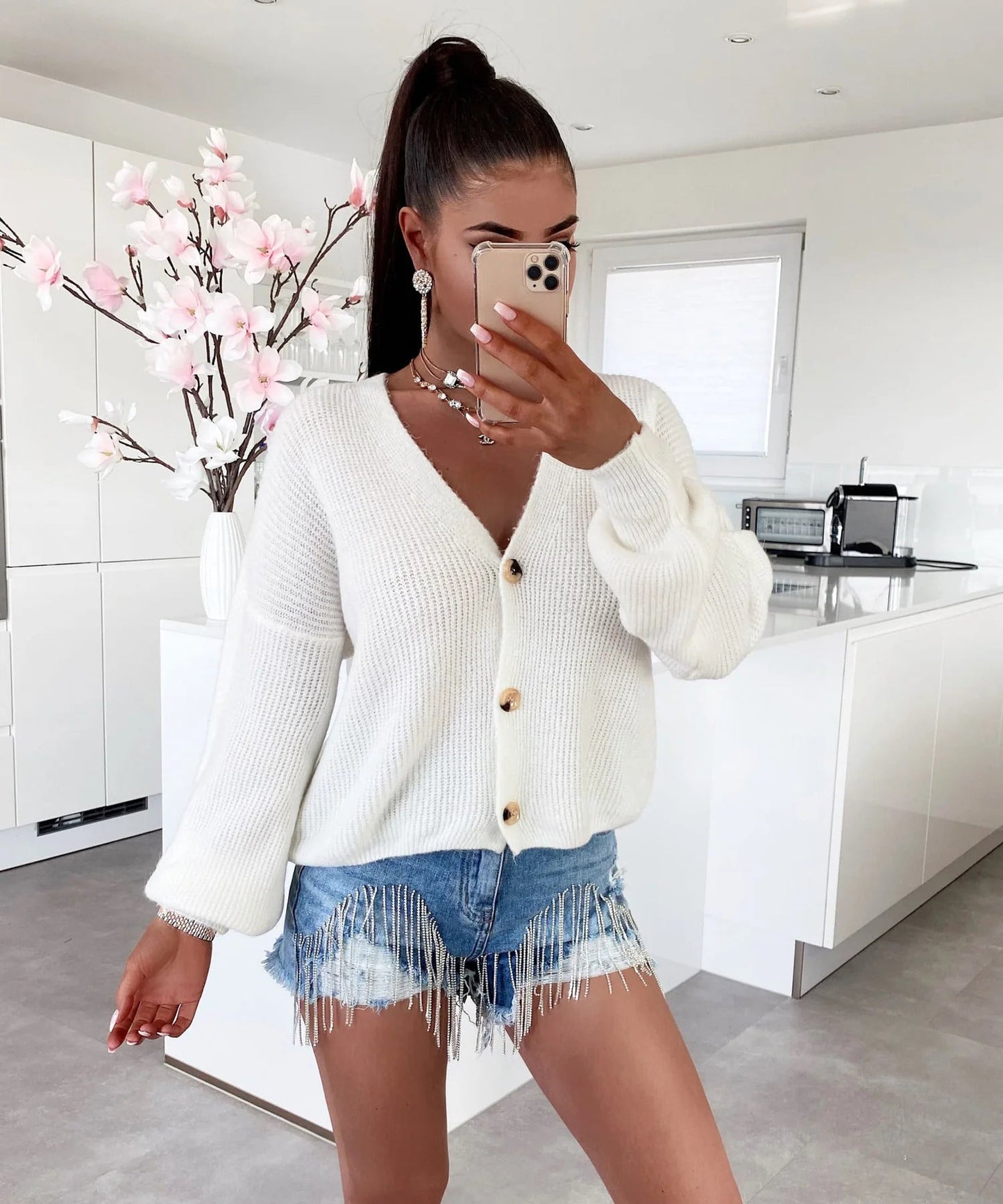 Damen Strickjacke Kuschelig Großknöpfe Lockere Ärmel Beige