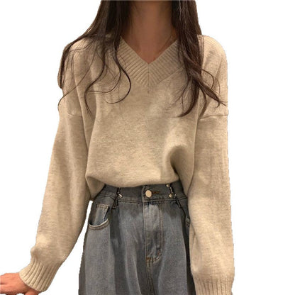 Damen Pullover Weich Wolle V-Ausschnitt Beige Eveloria