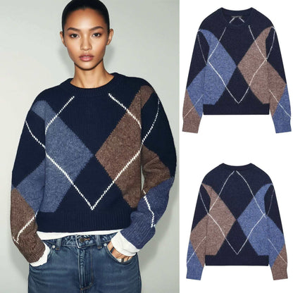 Damen Grobstrickpullover Rautenmuster Eveloria - Eveloria