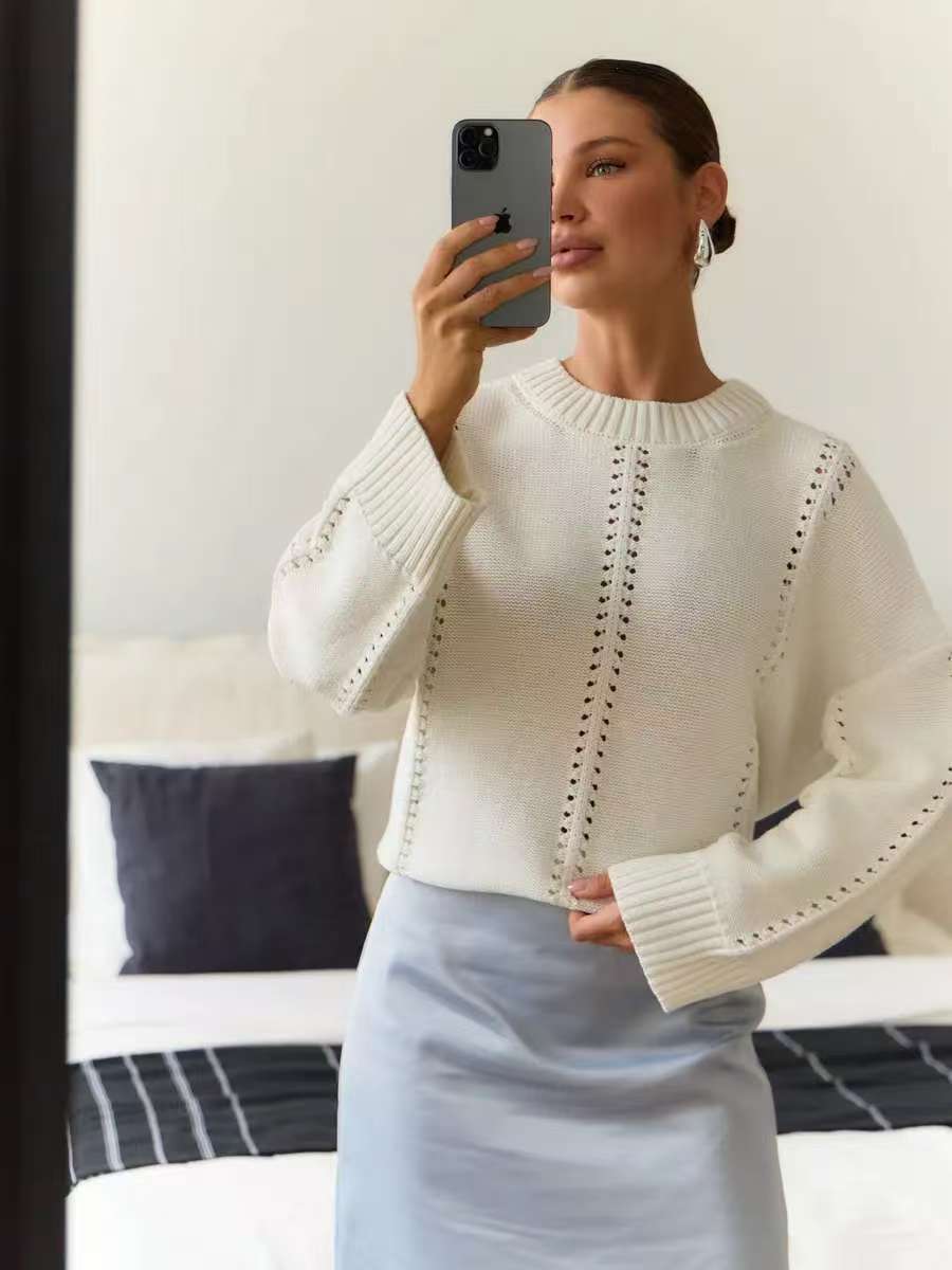 Damen Strickpullover Feine Lochmusterung Breite Bündchen Beige