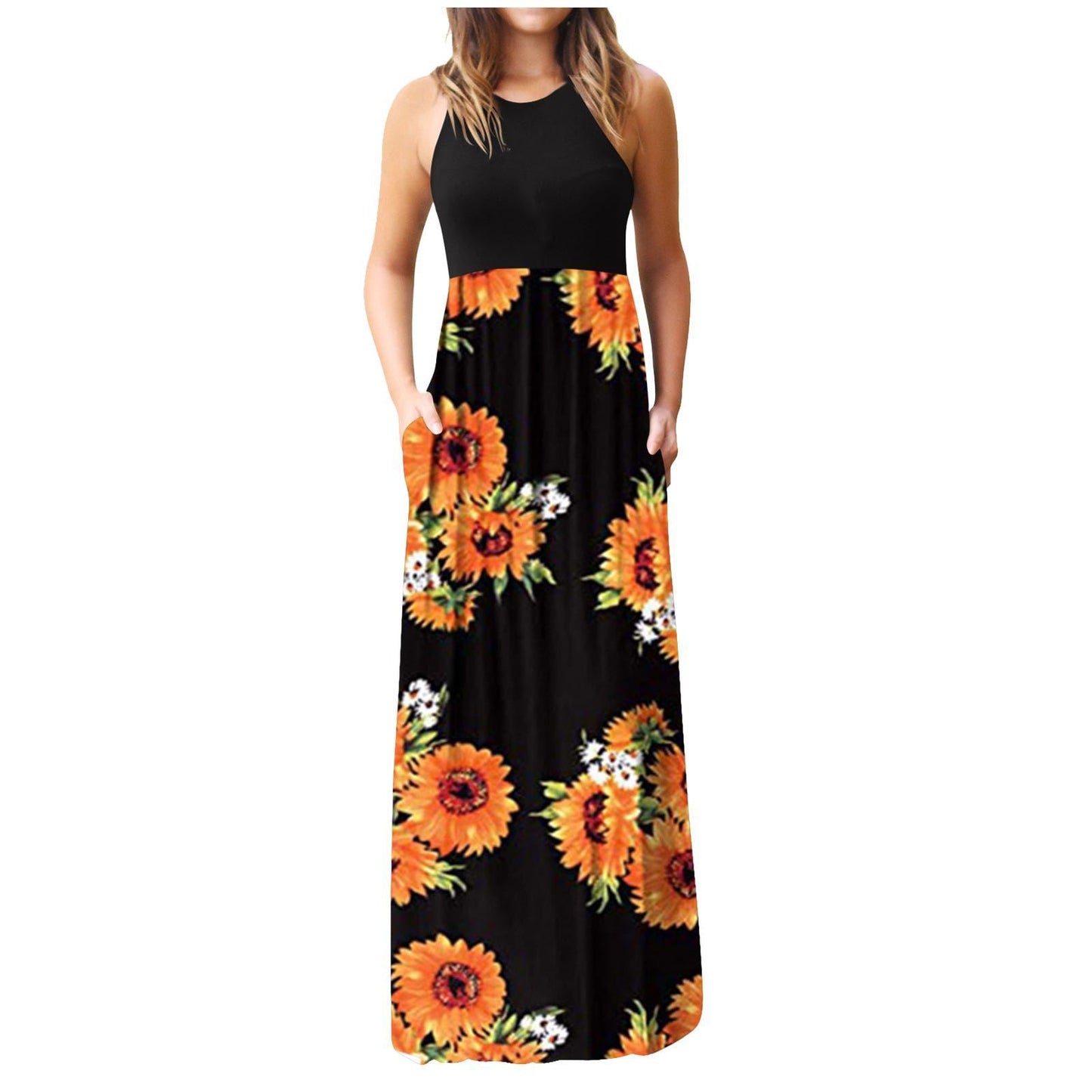 Damen Maxikleid Floralmuster Mit Seitentaschen