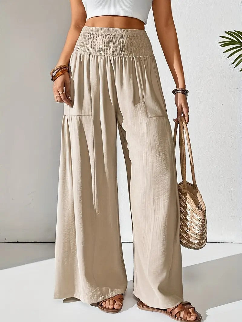 Damen Sommerhose Elastisch Weit mit Seitentaschen Beige